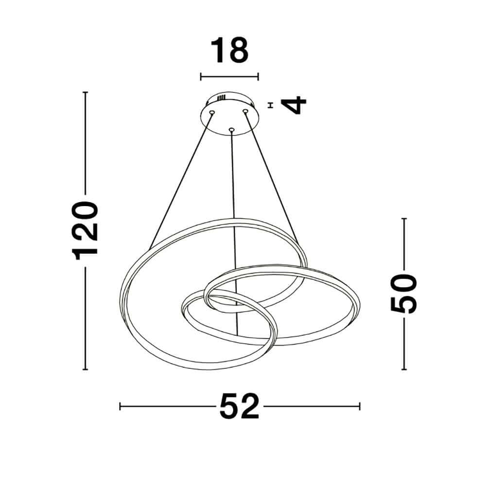 Technische Zeichnung der Menton LED Hängeleuchte mit Abmessungen und Designdetails.
