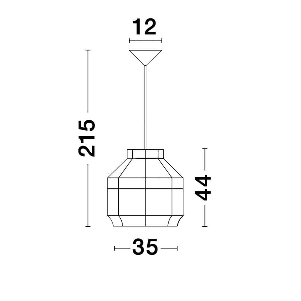 Maßzeichnung der Mia Hängeleuchte aus Rattan mit Ethno-Design, ideal für Ess- und Wohnzimmer.