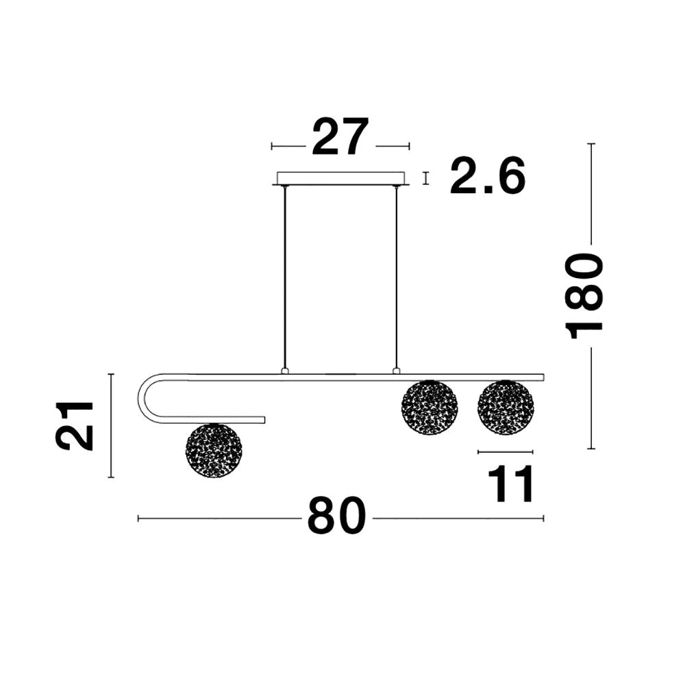 Technische Zeichnung der Mirano Glas-Hängelampe 3-flammig aus Stahl mit Dimensionen und Design.