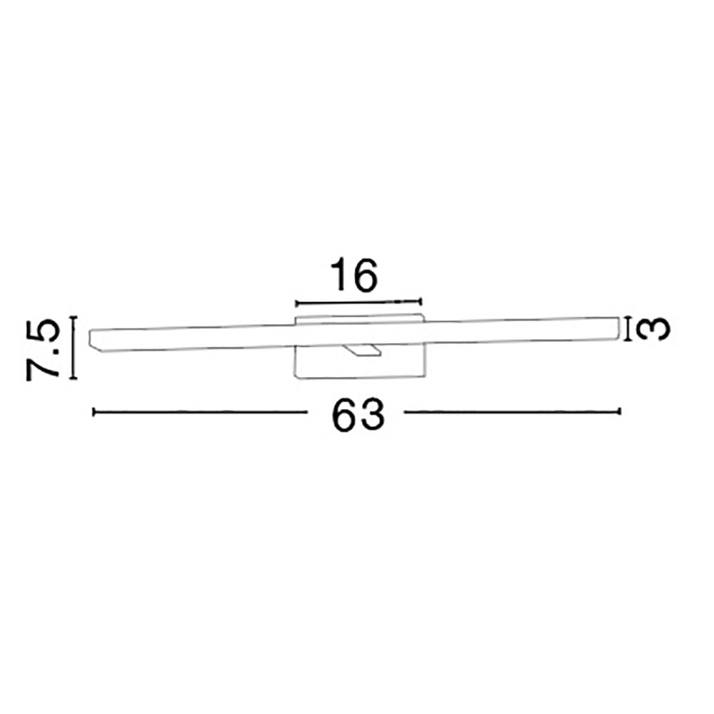 Maßzeichnung der Modena LED Bad Wand- und Spiegelleuchte, 63 cm x 7,5 cm x 3 cm.