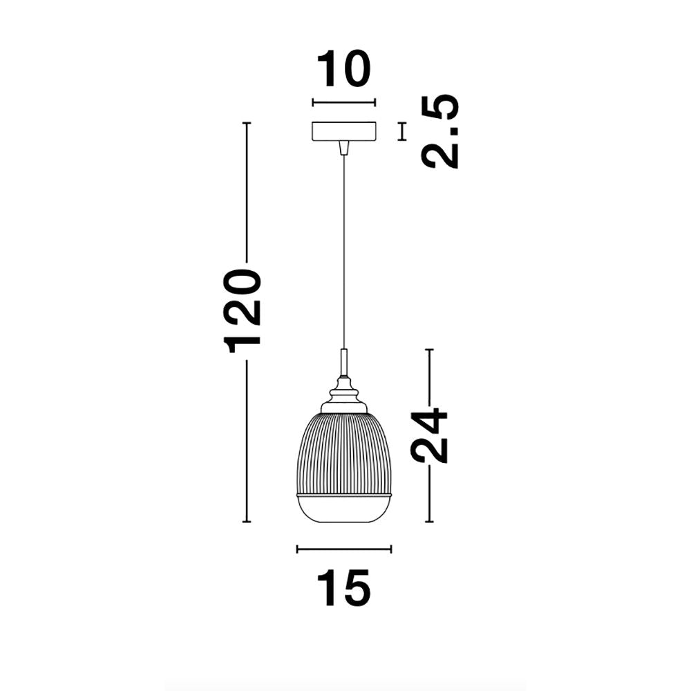 Technische Zeichnung der Mond Pendellampe aus Glas mit goldener Oberfläche, Ø 15cm, Höhe 120cm.