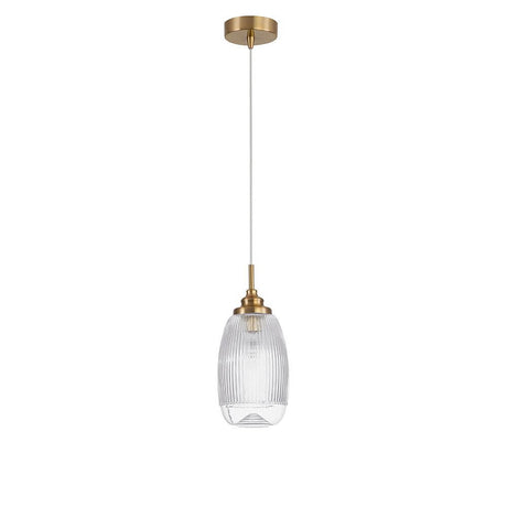 Måneglas pendel guld med gennemsigtig lampeskærm og guld satin metalramme.