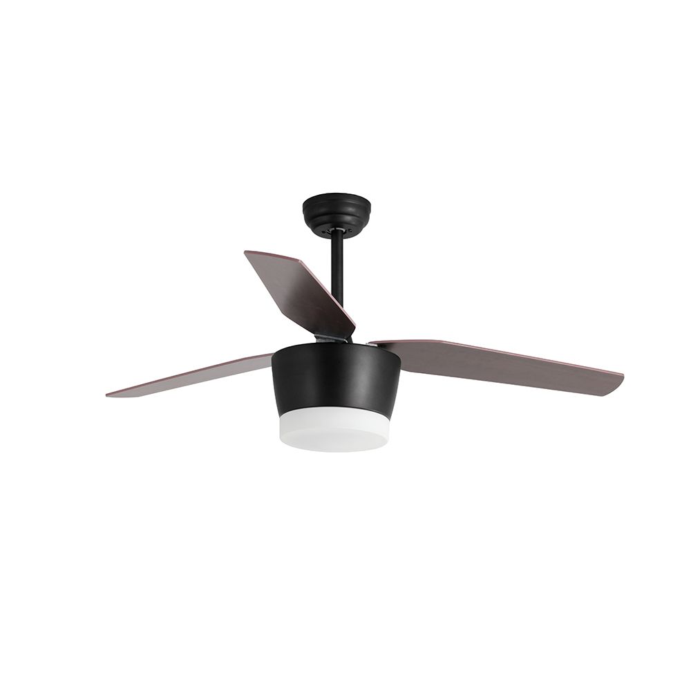 Moderner Deckenventilator Monsoon aus mattschwarz Edelstahl und Eichenholz mit LED-Beleuchtung und 5 Geschwindigkeiten.