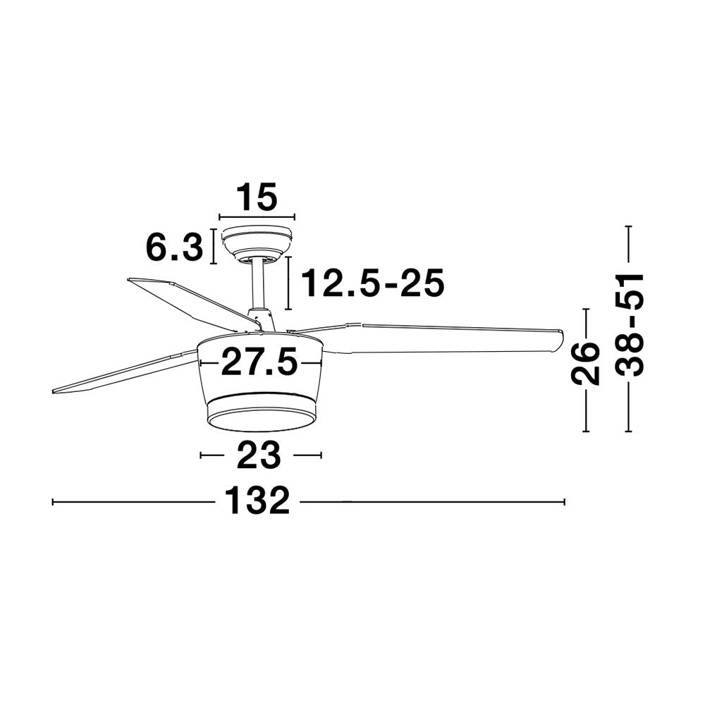 Maßzeichnung des Monsoon LED Ventilators aus Stahl und Holz mit Abmessungen und Details.
