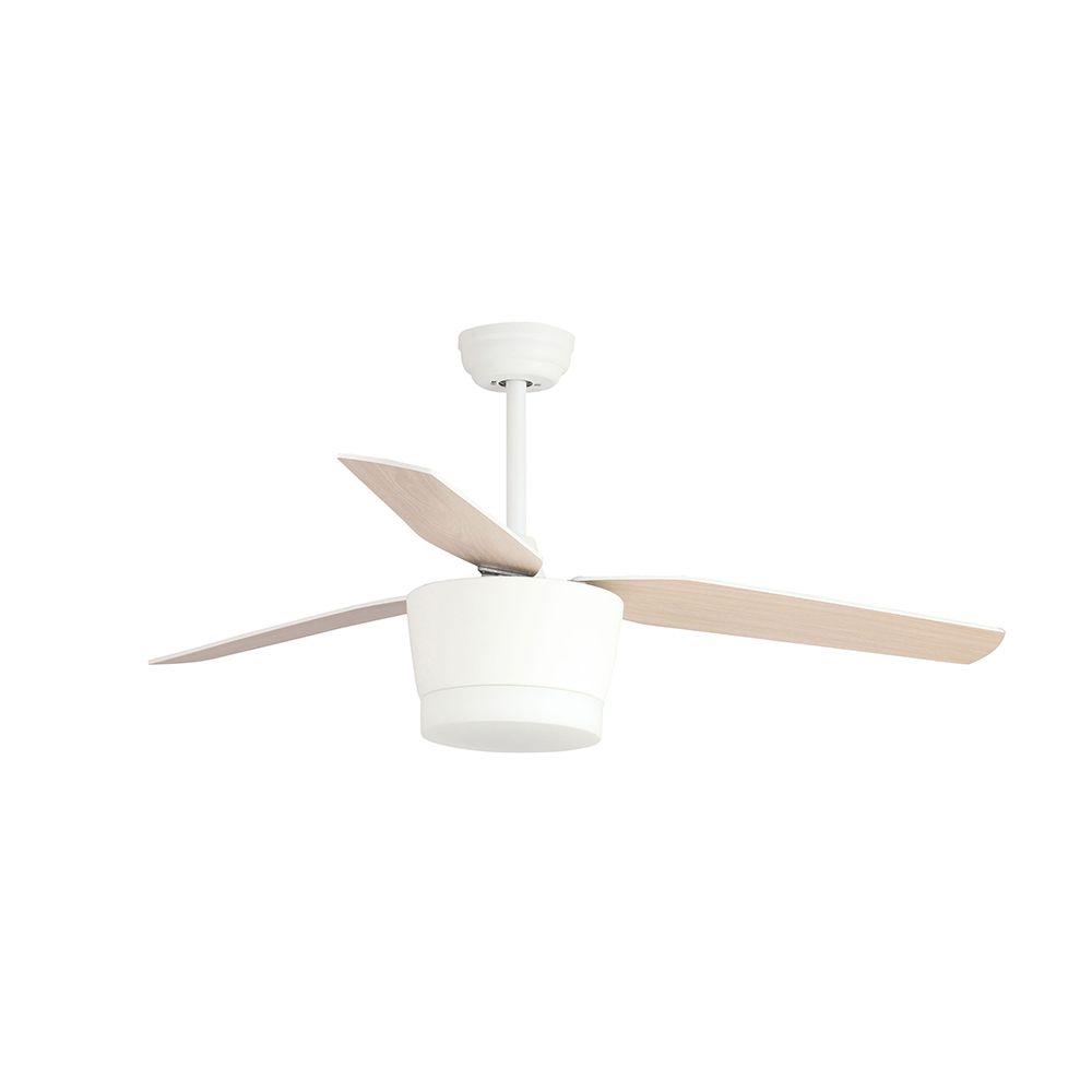Moderner Deckenventilator in Weiß mit Holzflügeln und integrierter LED-Beleuchtung für optimalen Luftstrom.