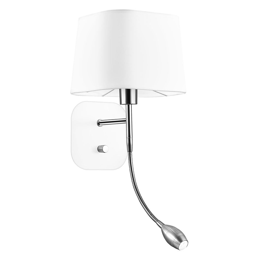 Montato Wandlampe mit weißen Stoffschirm und verchromtem LED Lesearm, modernes Design für gemütliches Lesen.