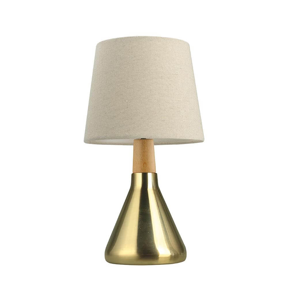 Montes Metall Tischlampe mit Textilschirm aus goldfarbenem Metall und beige Stoffschirm mit Holzdetail.
