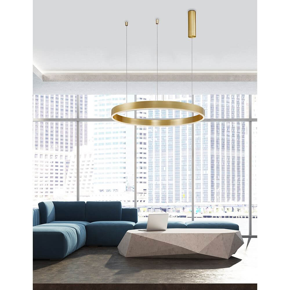 Motif LED Hängelampe Gold in modernem Wohnraum mit eleganter, goldener Pendelleuchte.
