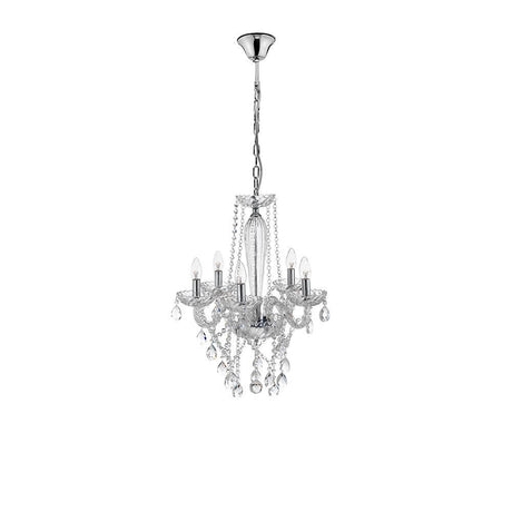Mozart Glas-Hängelampe 5-flg. Chrom mit Kristallprismen und verchromtem Aluminium, ideal für elegante Räume.