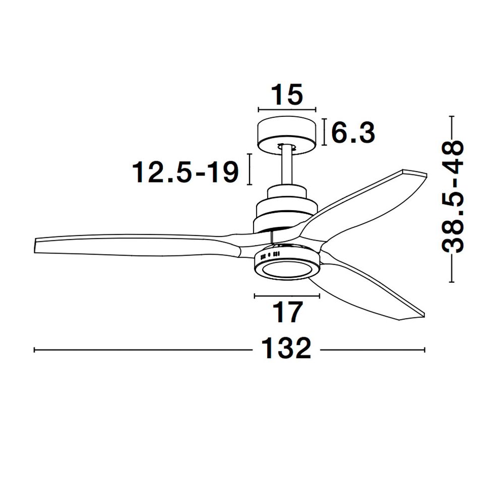 Technische Zeichnung des Nature LED Ventilators Ø 132cm in Matt-Weiß mit Abmessungen und Details.