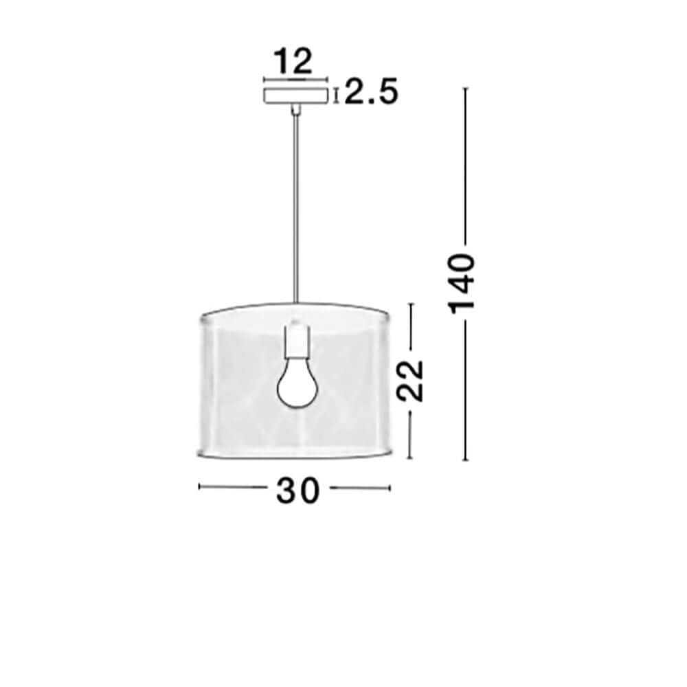 Net Hängeleuchte Metall mit Abmessungen 30x22 cm und 140 cm Hängehöhe, skizziert in Weiß.