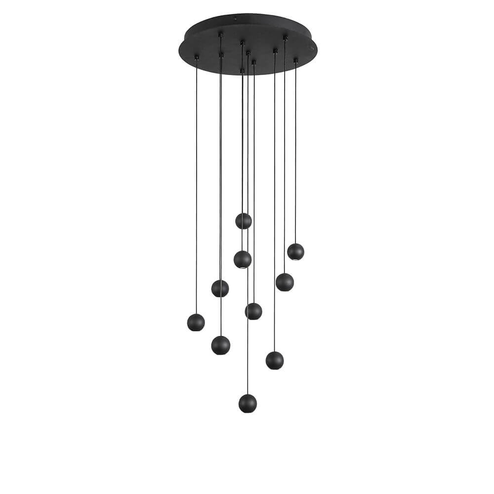Nocci LED Hängelampe Kugel-Aufhängung Schwarz mit mehreren schwarzen Kugeln an langen Kabeln.