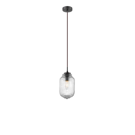 Nord Glas-Hängelampe Braun, Klar mit transparentem Glasschirm und schwarzen Metalldetails.
