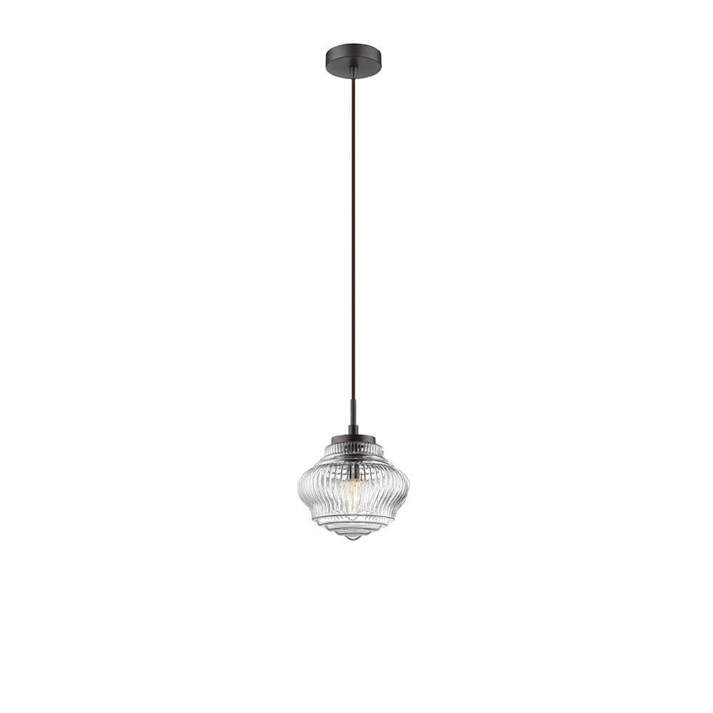 Nord Glas-Pendelleuchte Klar, Braun mit transparentem Glasschirm und schwarzen Metalldetails.