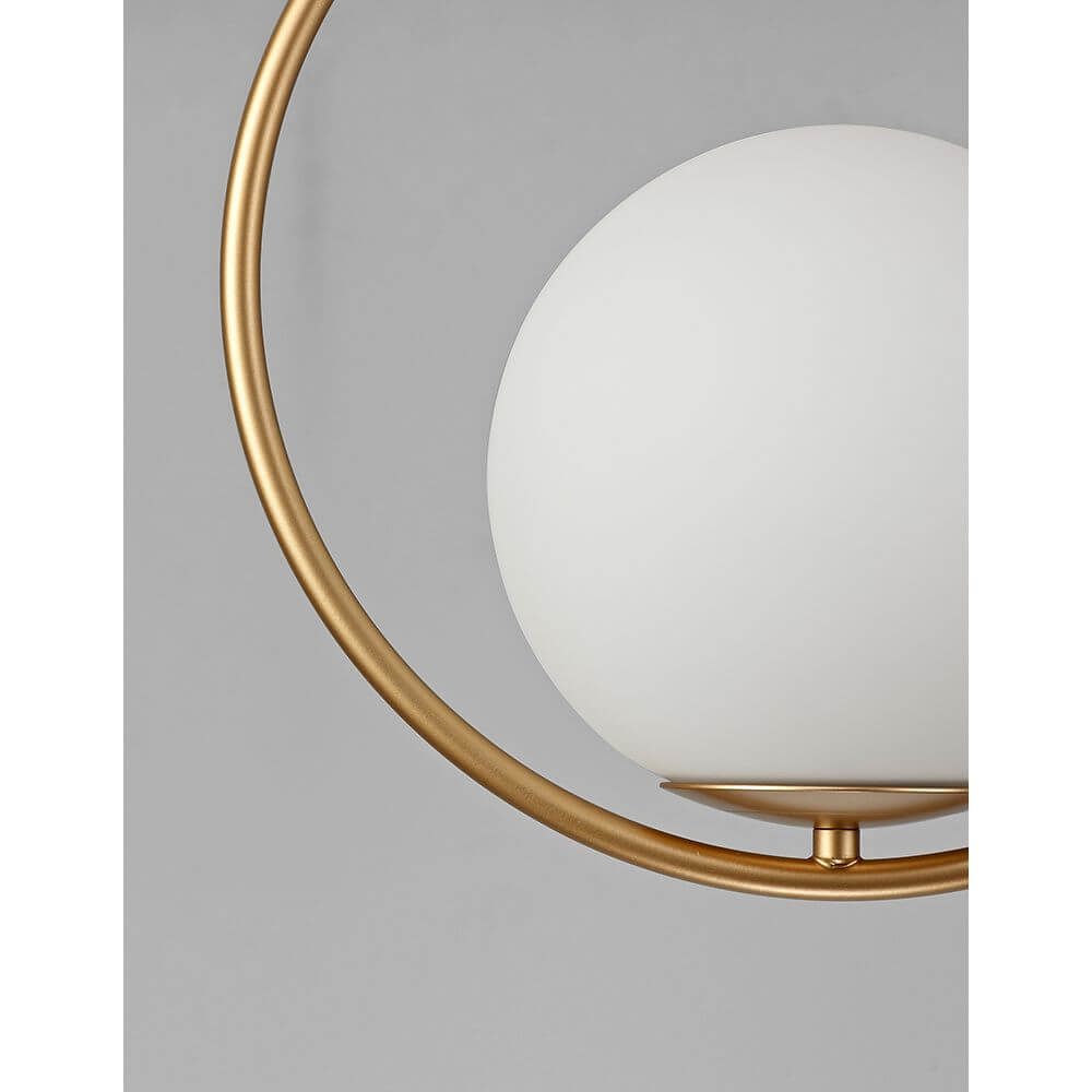 Obitar Hängelampe Metall Glas Leuchte mit goldenen Ring und weißem Glasball in modernem Design.