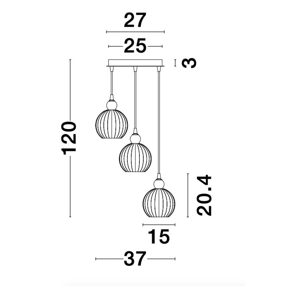 Technische Zeichnung der Odell Hängeleuchte 3-flammig Opal-Weiß mit Abmessungen und Design.