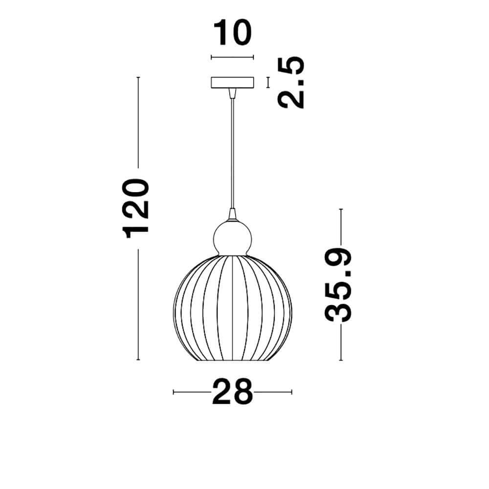 Technische Zeichnung der Odell Glas-Pendelleuchte Opal mit Abmessungen für die Installation.