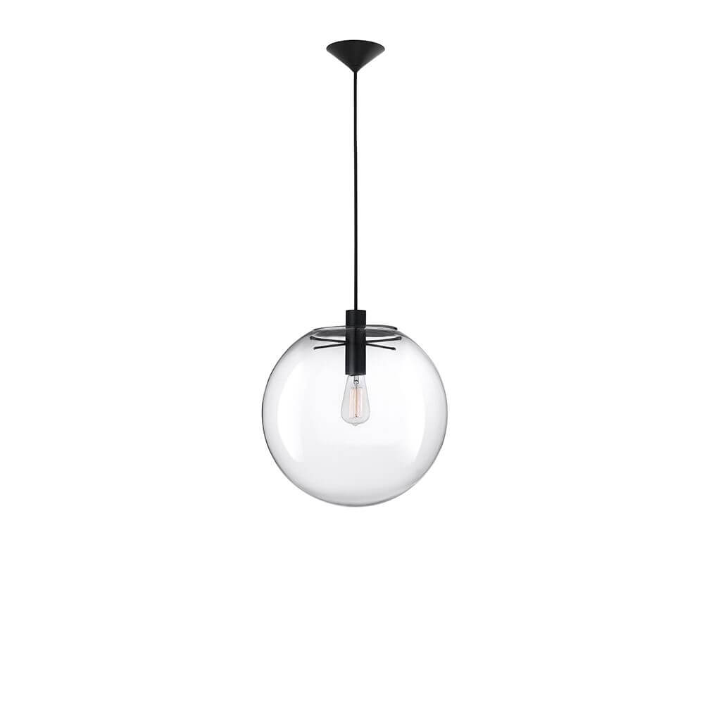 Ovvio Glas-Pendelleuchte Klar mit transparentem Glas und schwarzem Metall, modernes Design für stilvolle Innenräume.