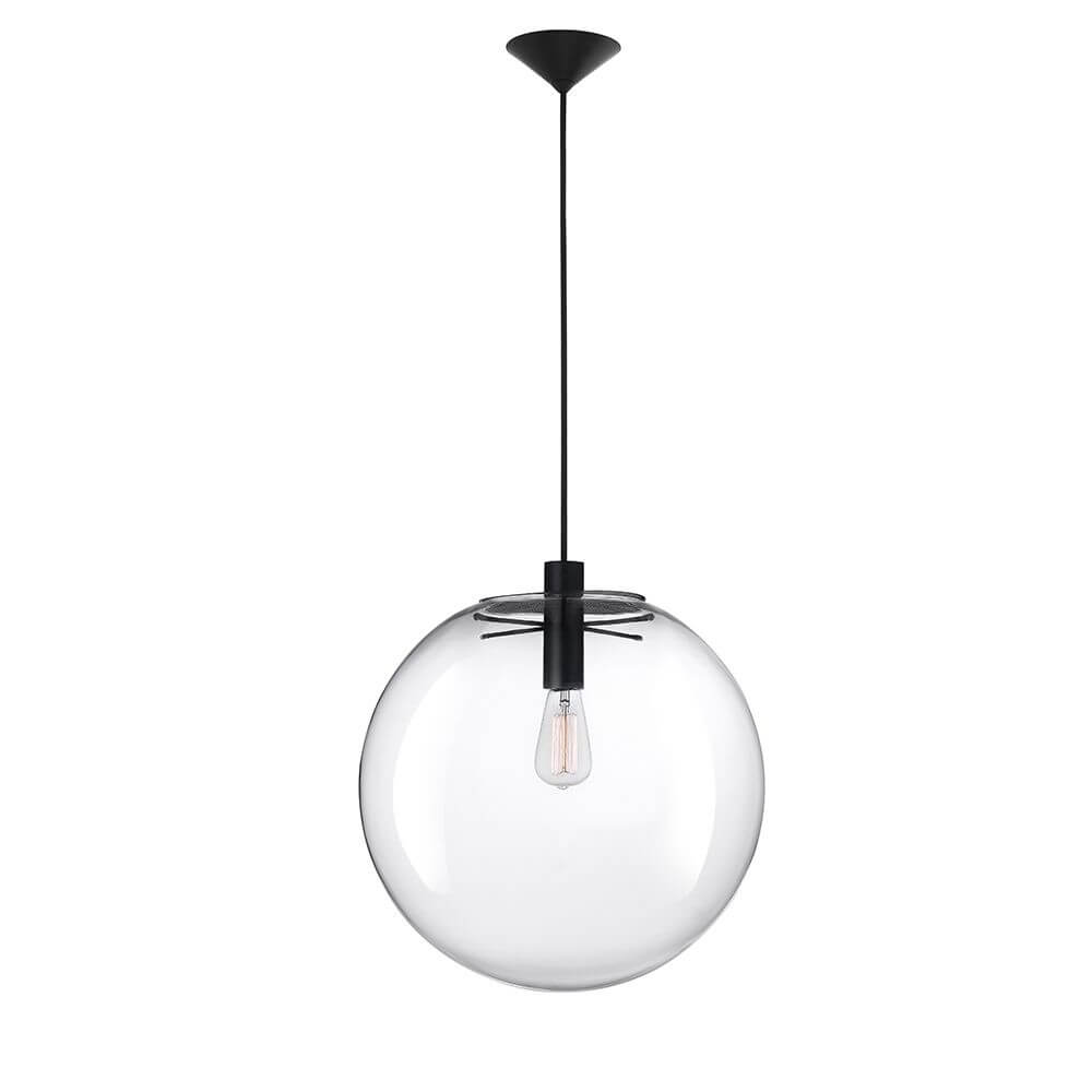 Ovvio Glas-Pendelleuchte Klar mit transparentem Design und schwarzem Aufhängungssystem.