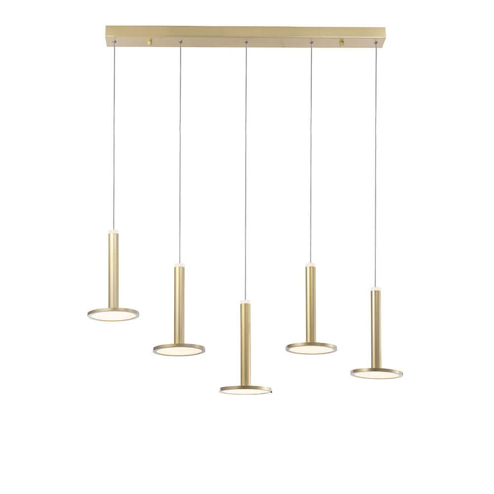 Palencia LED Hängelampe 5-flg. Reihung Gold mit modernem Design und warmweißem Licht.