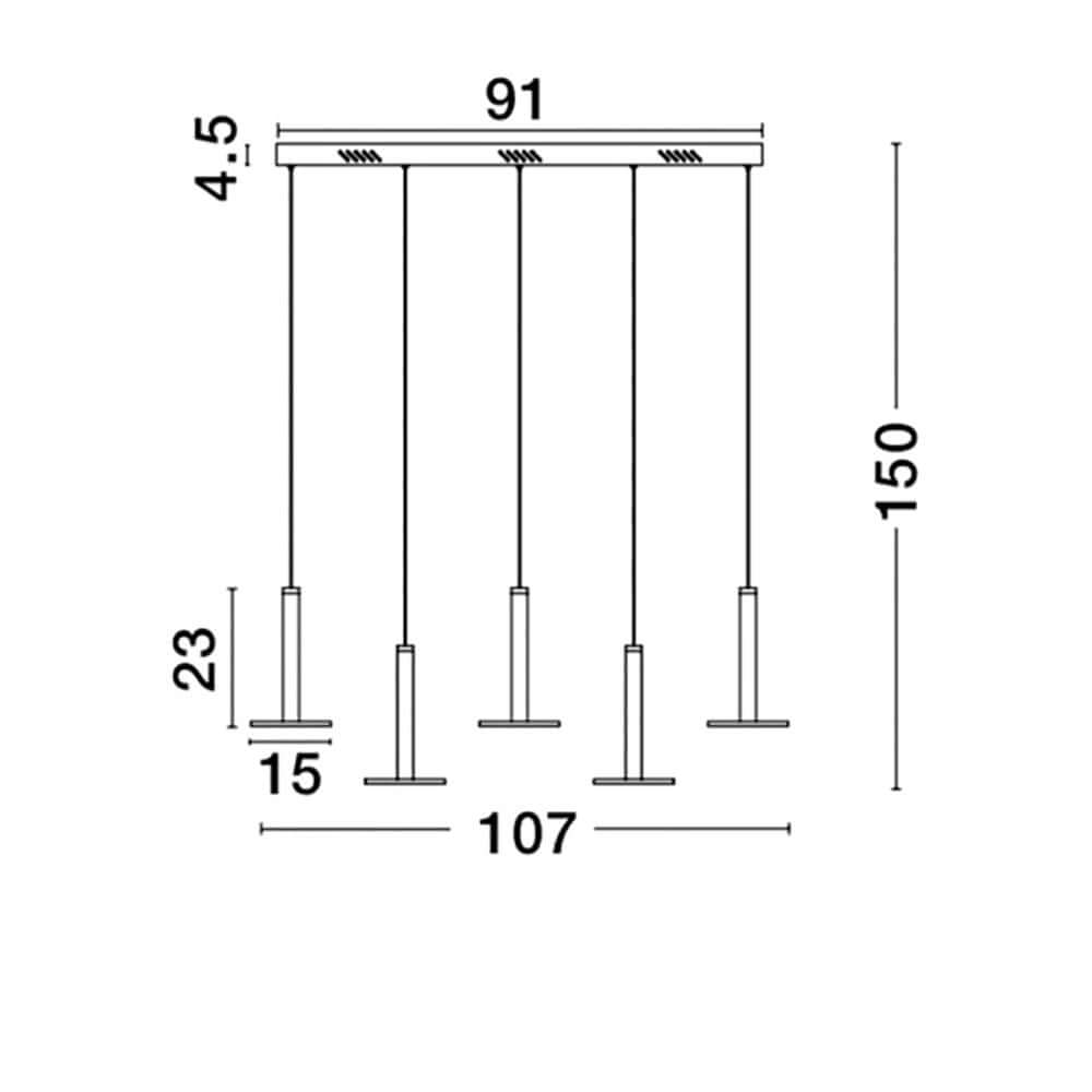 Palencia LED Hängelampe 5-flg. Reihung Gold technische Zeichnung mit Abmessungen 91cm x 150cm.