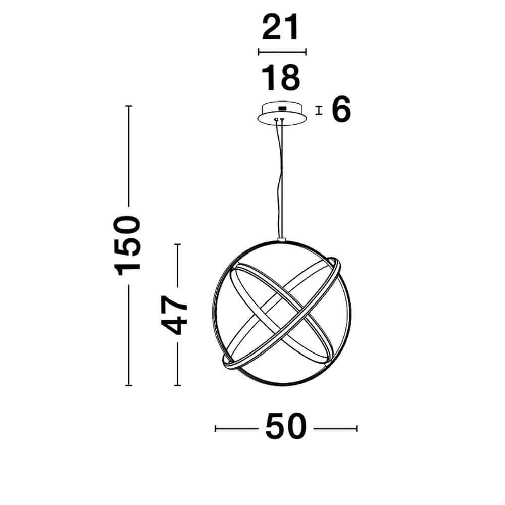 Maßzeichnung der Pertone LED Hängelampe Schwarz mit Abmessungen und Designdetails.
