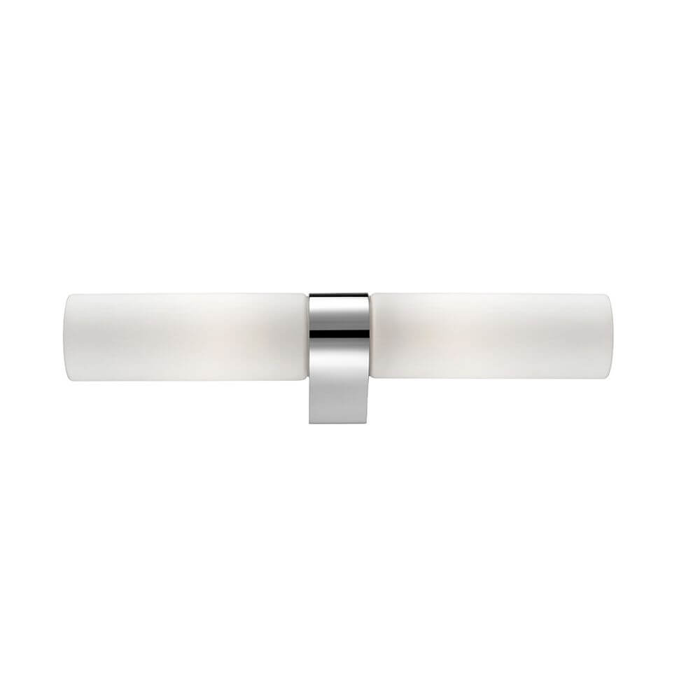 Polo Glas Bad-Wandleuchte 2-flammig Chrom mit zwei weißen Gläsern und einem glänzenden Chromelement.