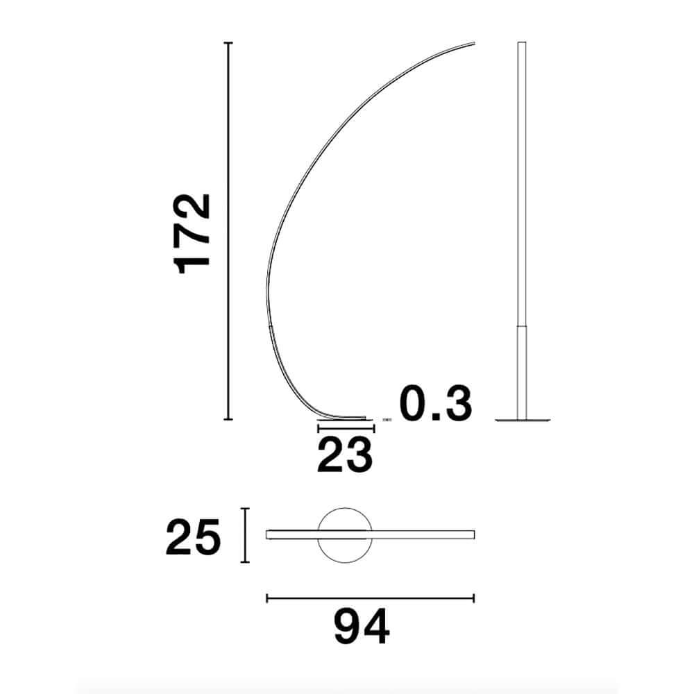 Premium LED Stehlampe Gebogen technische Zeichnung mit Maßen 172x94x25 cm, Acryl-Aluminium Bogenleuchte