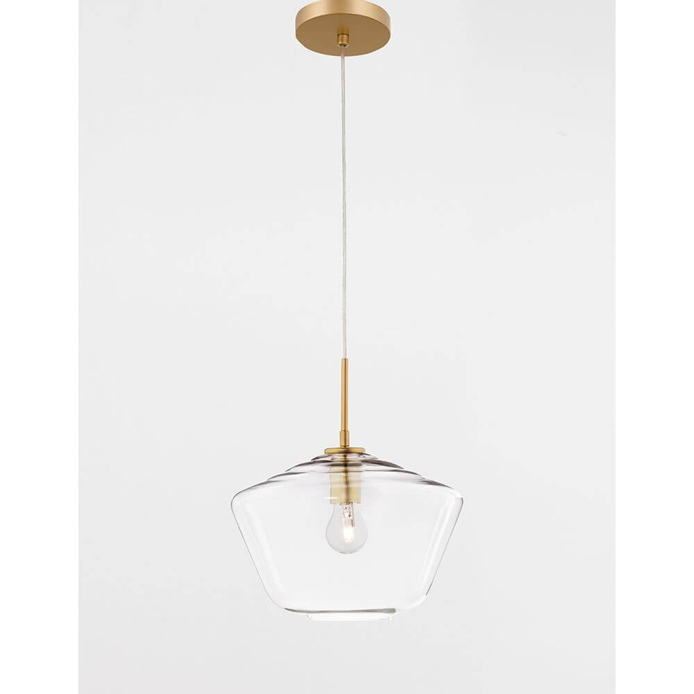 Prisma Glas Pendelleuchte Gold mit goldenem Rahmen und klarer Glasglocke für elegantes Lichtdesign.