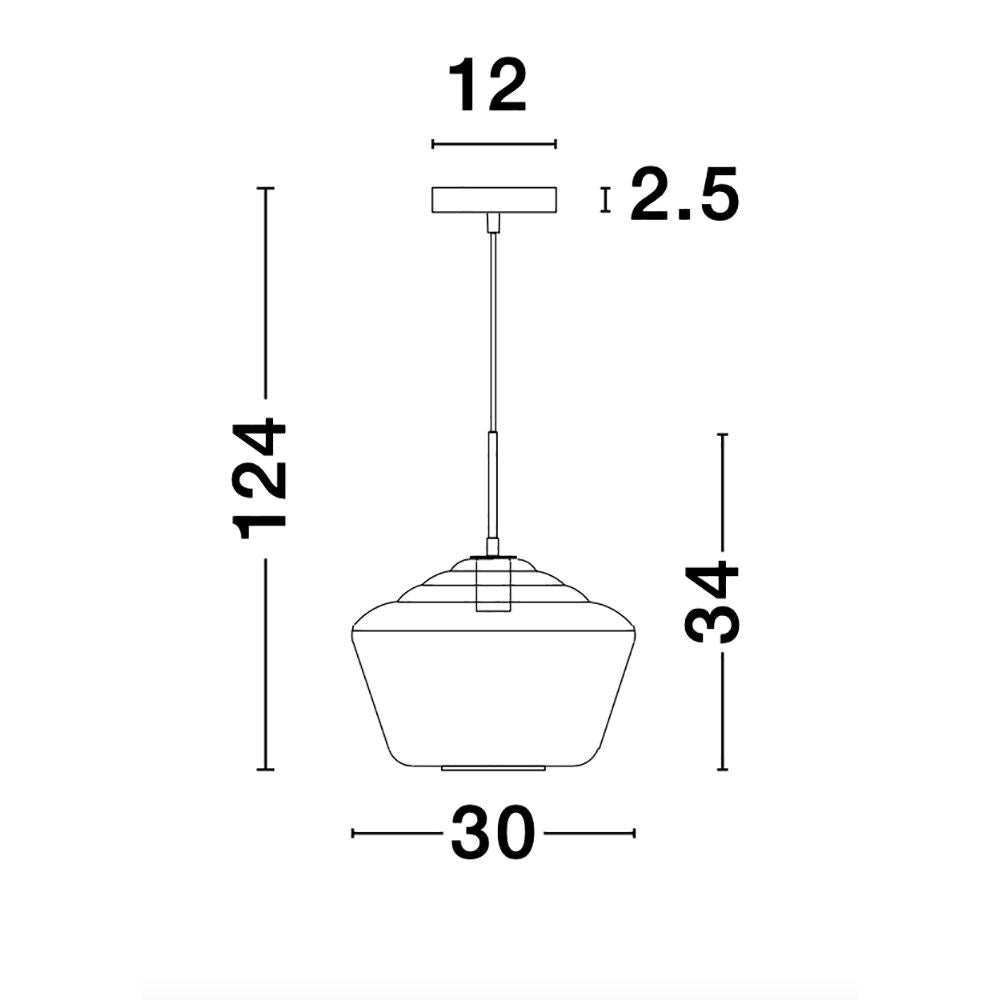 Maßzeichnung der Prisma Pendelleuchte in Gold mit transparentem Glas und Metallrahmen, 124 cm hoch und 30 cm breit.