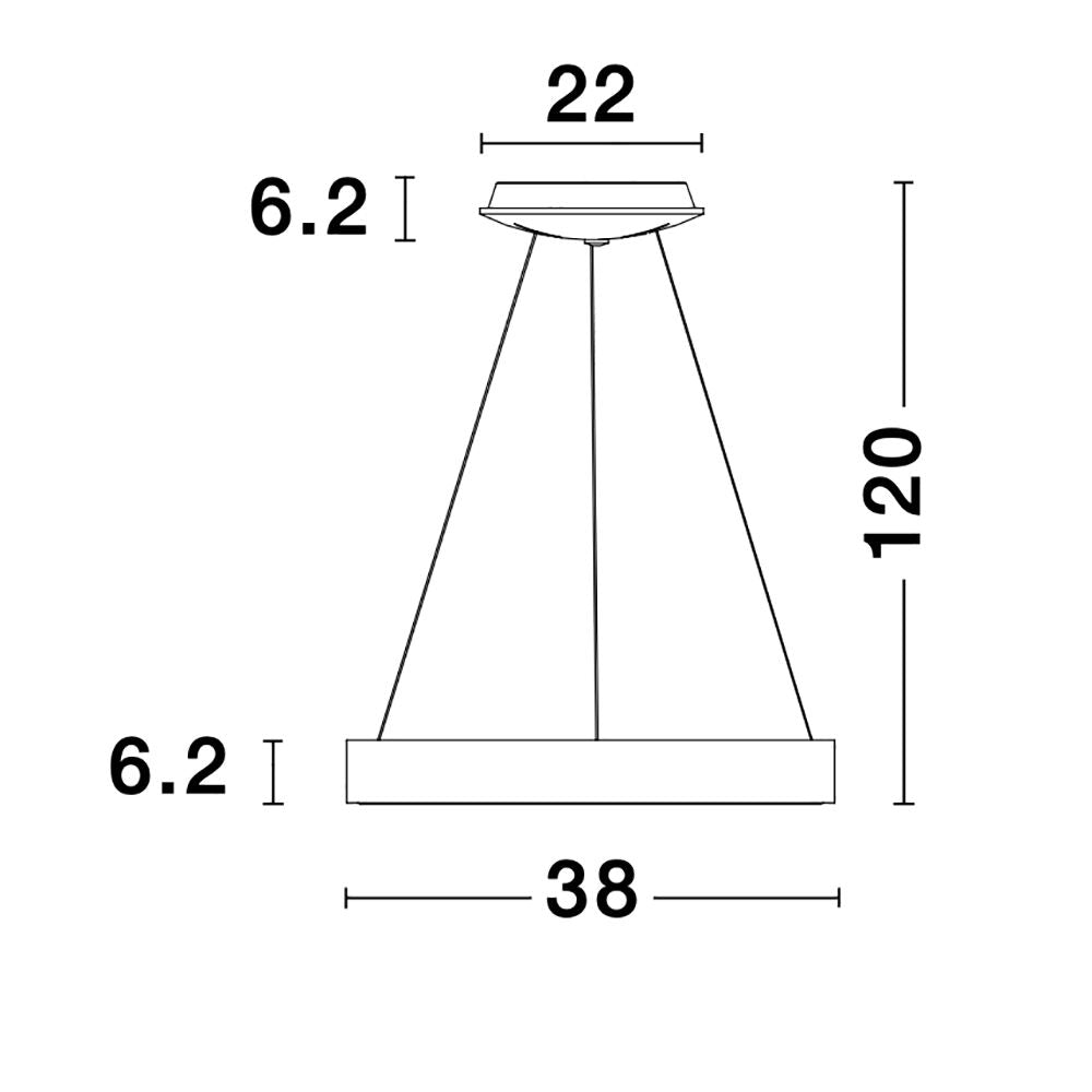 Technische Zeichnung der Rando LED Thin Hängelampe mit Maßen 22x38 cm und einer Höhe von 120 cm.