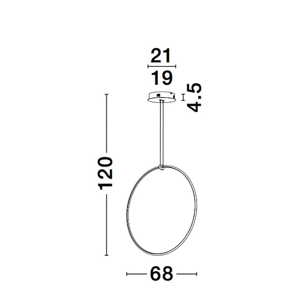 Ring LED Hängelampe Metall Schwarz mit Maßangaben und Designskizze.