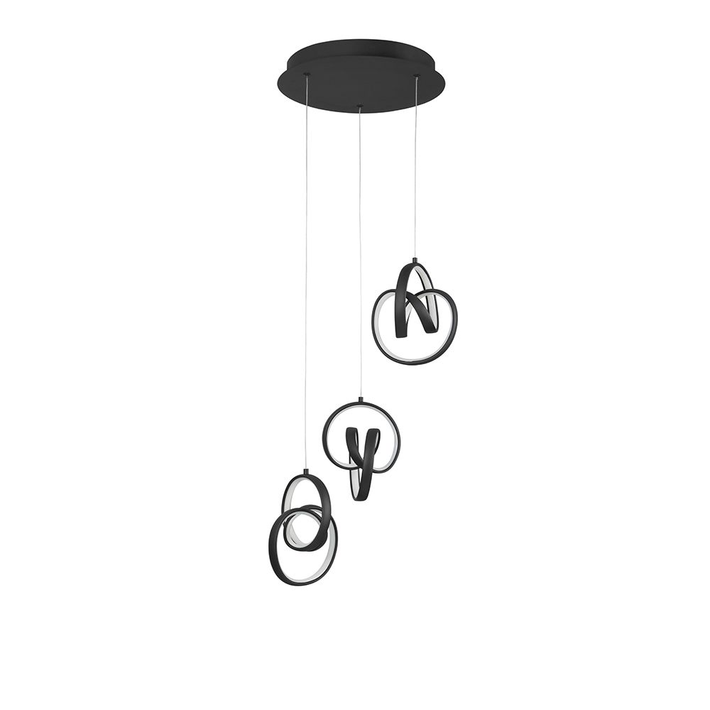 Moderne Rings LED Hängelampe in Schwarz mit eleganten, schwebenden Kreisen für stilvolle Raumbeleuchtung.