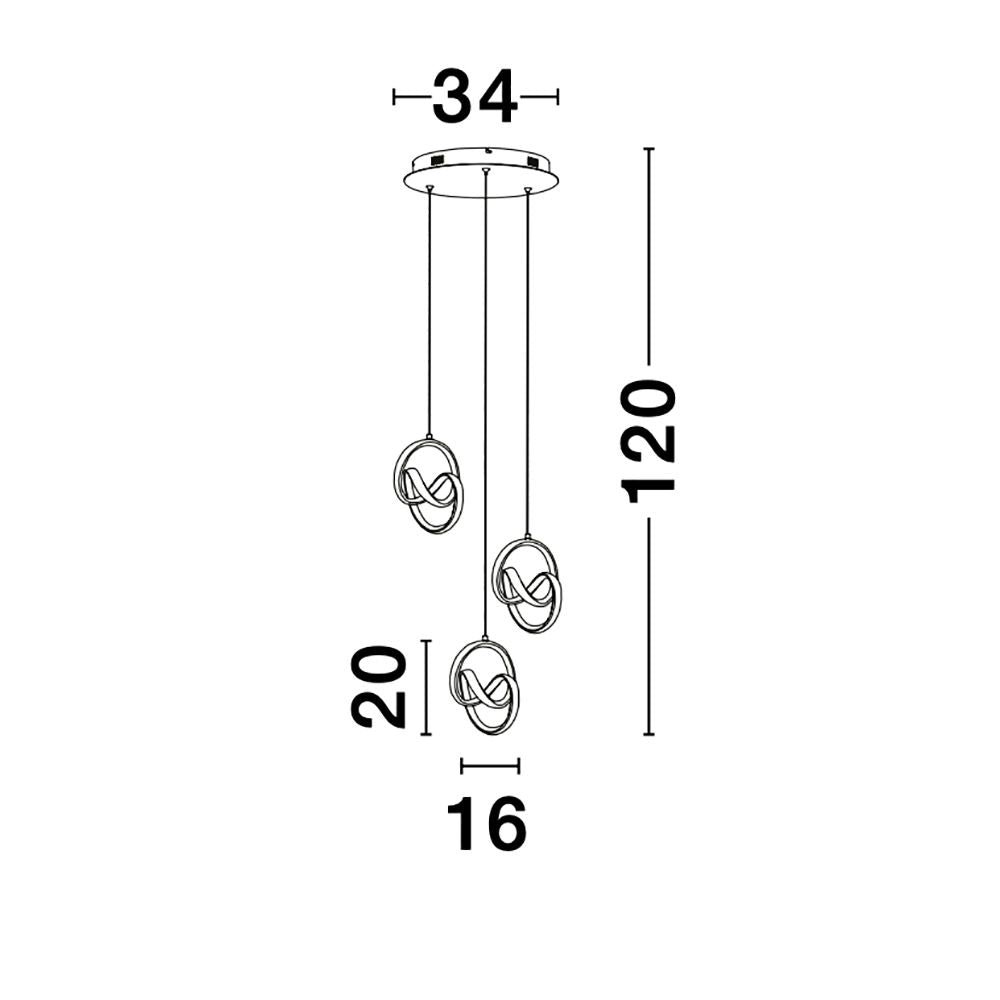 Technische Zeichnung der Rings LED Hängelampe mit drei Ringen, Abmessungen und Aufhängung in Schwarz.