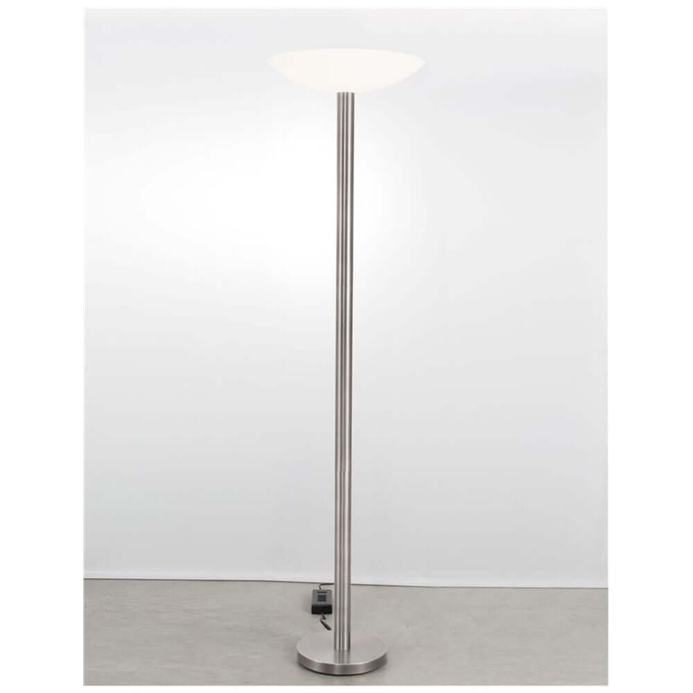 Rocco LED Stehlampe Metall Acryl mit satiniertem Nickel-Finish und weißem Glas, moderne Stehleuchte