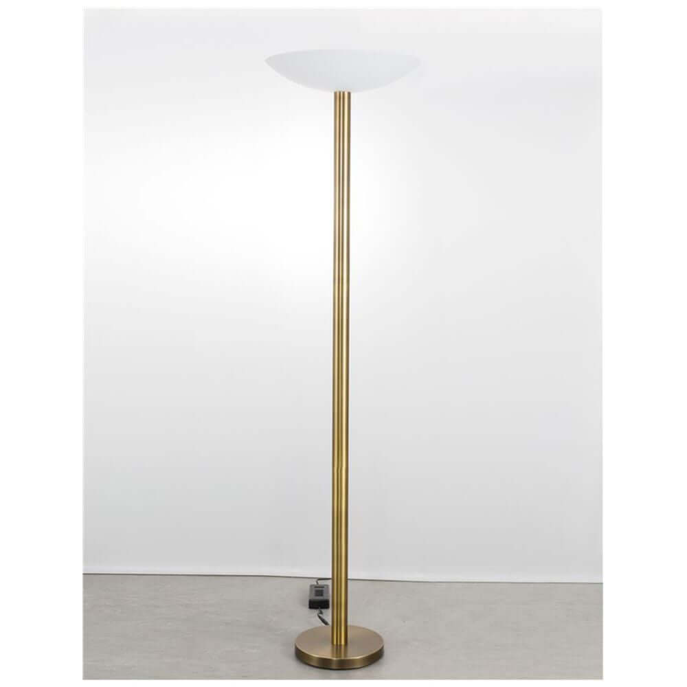 Rocco LED Stehlampe Metall Acryl mit goldfarbenem Fuß und weißem Lampenschirm, ideale Beleuchtung für moderne Interiors.