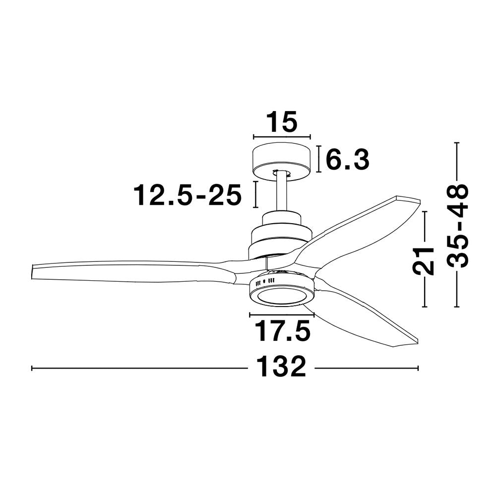 Technische Zeichnung des Sabal LED Ventilators mit Abmessungen und Details der Konstruktion.