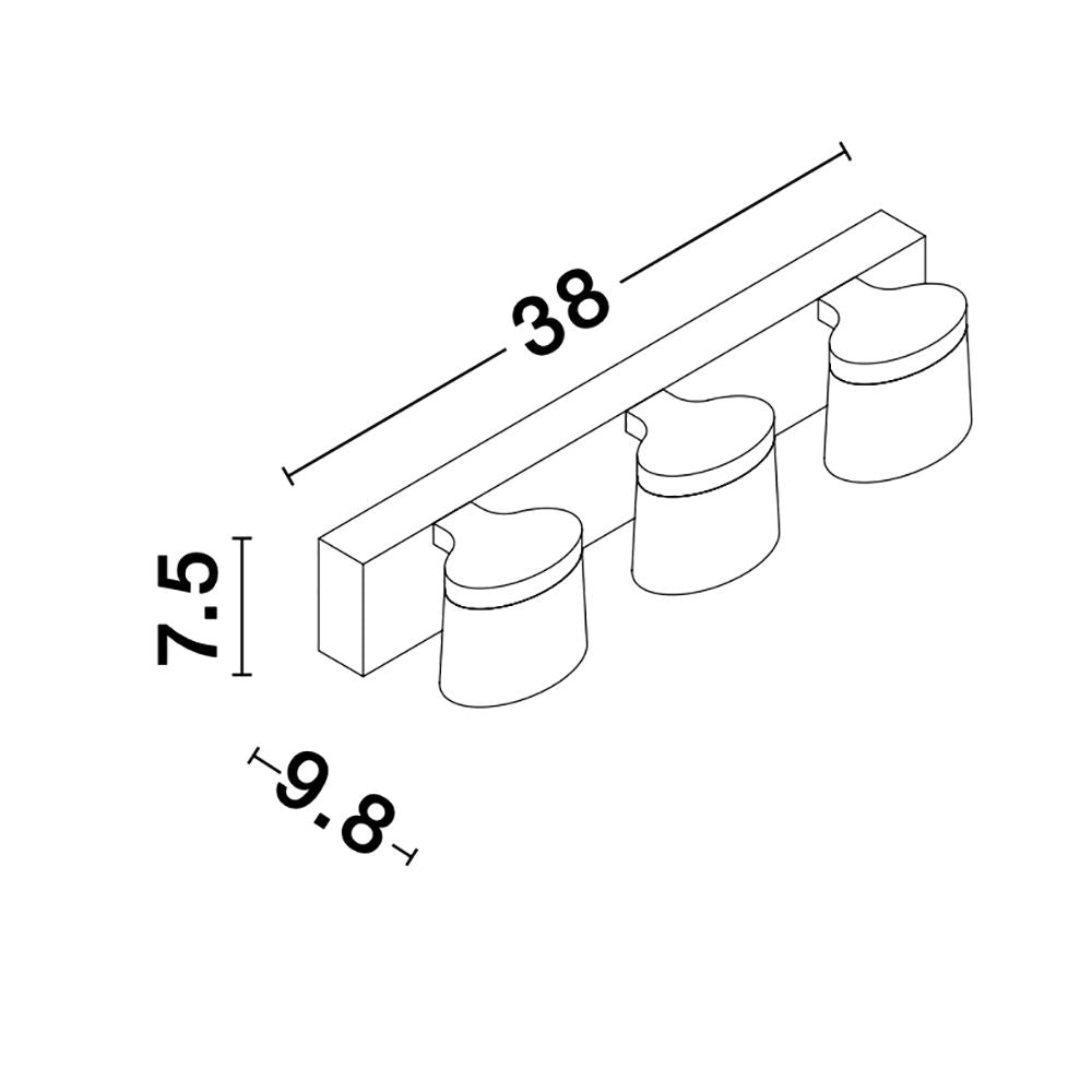 Technische Zeichnung der Sabia LED Bad Wandlampe 3-flammig in Chrom mit Maßen 38 x 7,5 x 9,8 cm.