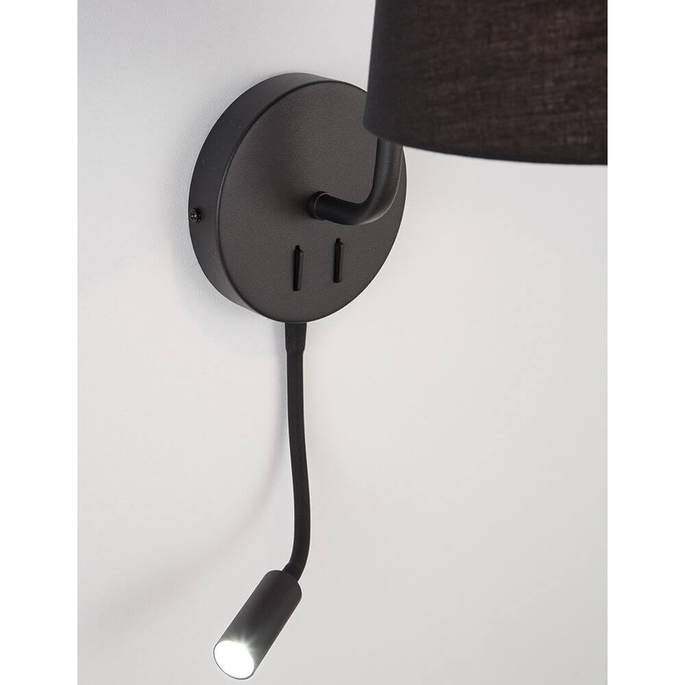 Sage Bett- & Wandlampe mit LED-Leselicht schwarz lackiertes Aluminium mit Stoffschirm und flexiblem Lesearm