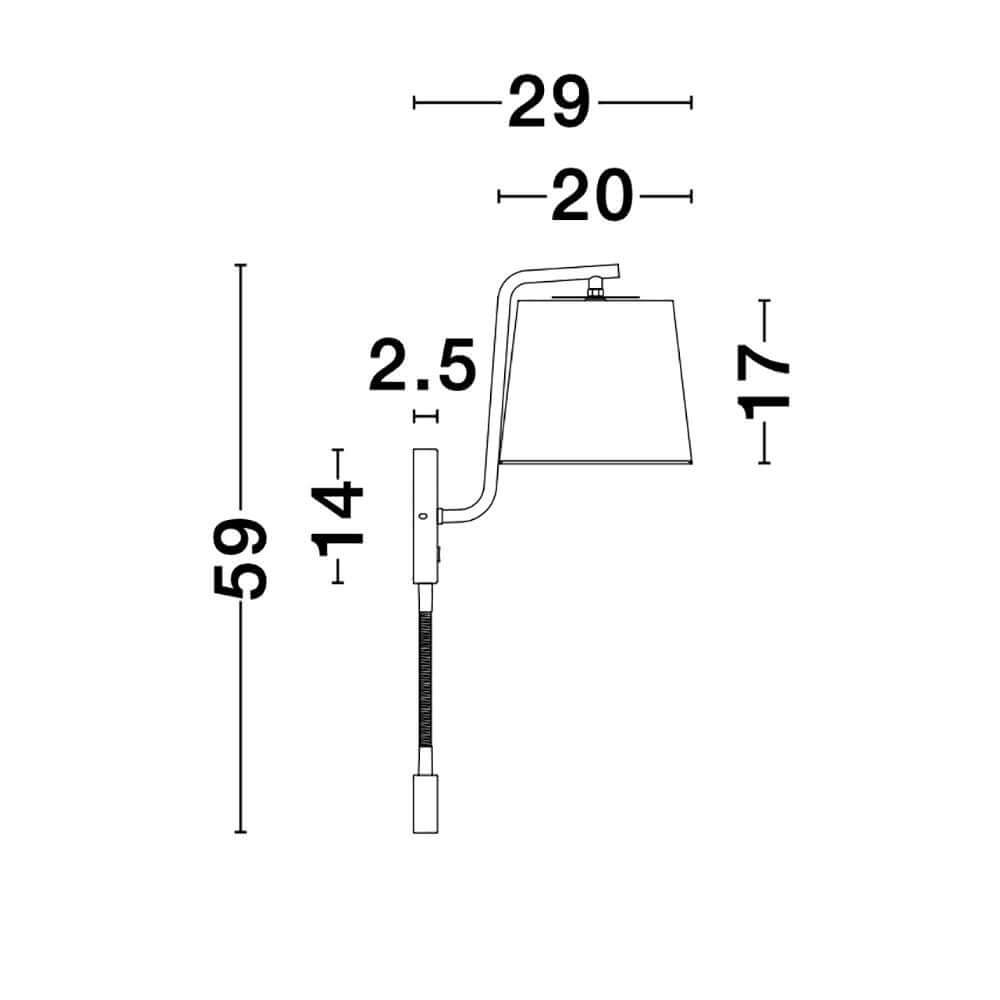 Sage Bett- & Wandlampe mit LED-Leselicht – technische Skizze mit Maßen (H 59 cm, Schirm 17 cm, Ausladung 29/20 cm)