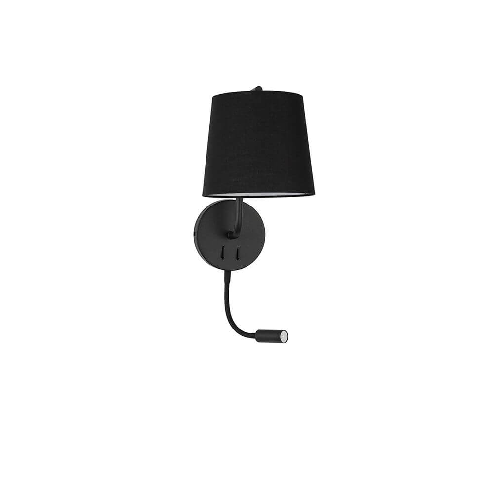Alt Tag: Sage Bett- & Wandlampe mit LED-Leselicht schwarz lackiertes Aluminium mit schwarzem Stoffschirm und flexiblem Lesearm