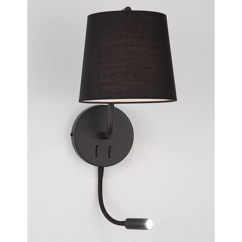Sage Bett- & Wandlampe mit LED-Leselicht, schwarze Wandlampe mit Stoffschirm und flexiblem Lesearm