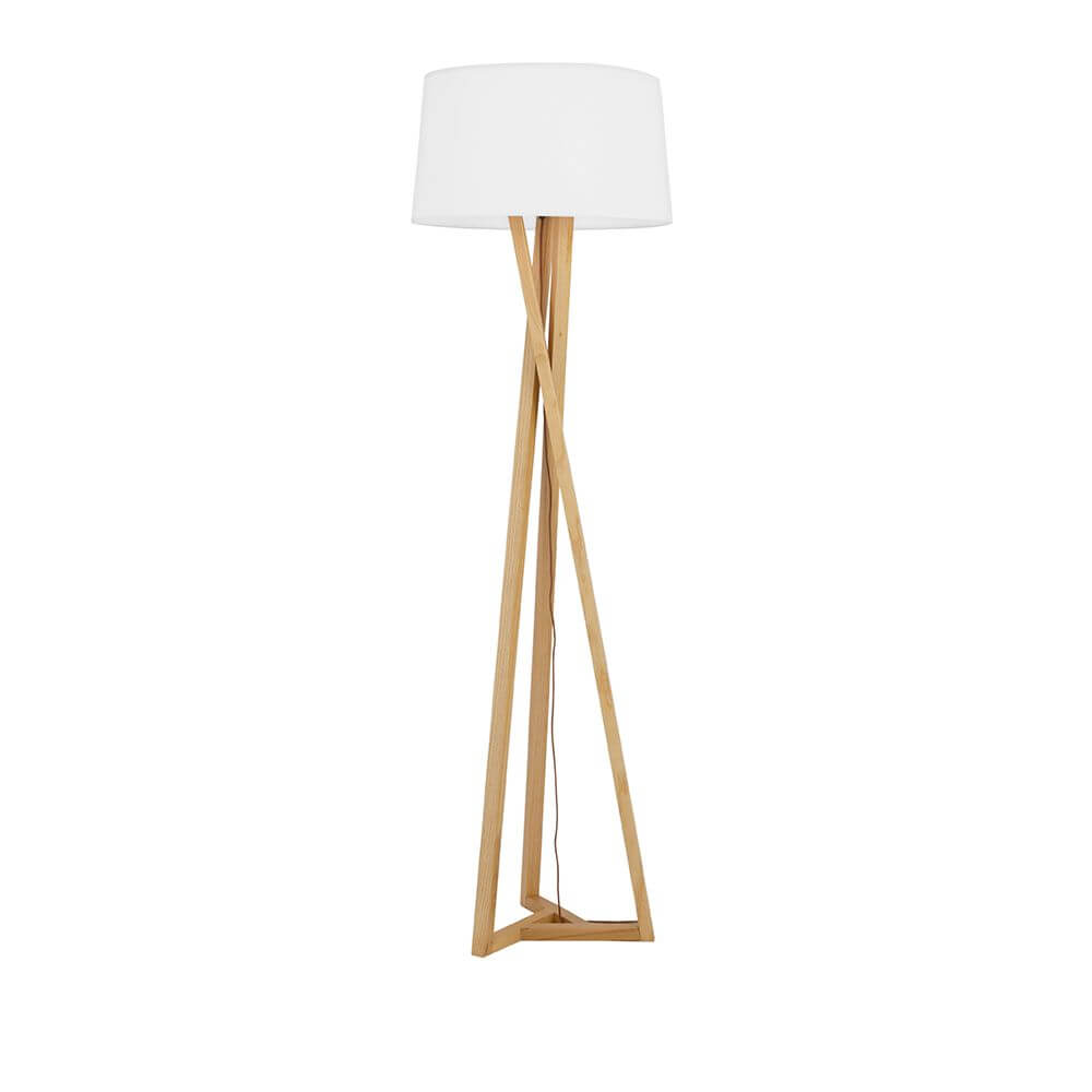Salino Stehlampe Naturholz mit modernem, skandinavischem Design aus hellem Holz und weißem Lampenschirm.