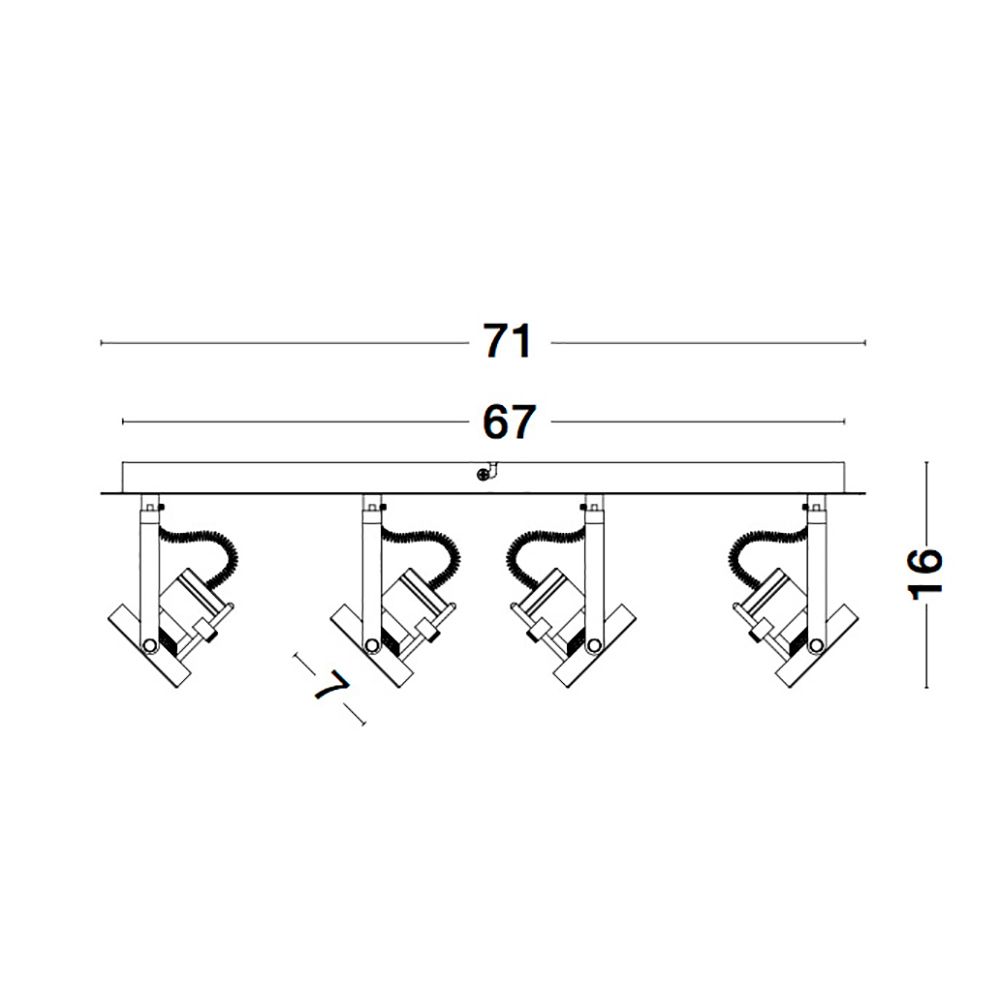Technische Zeichnung von Salva 4-flammigem Deckenstrahler aus Metall, Maße und Anordnung der Strahler.