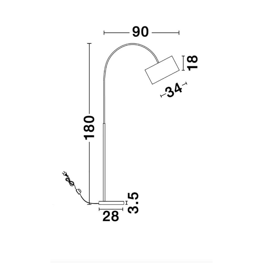 Technische Zeichnung der Sama Stehleuchte Metall mit Maßen von 180 cm Höhe und 90 cm Breite.