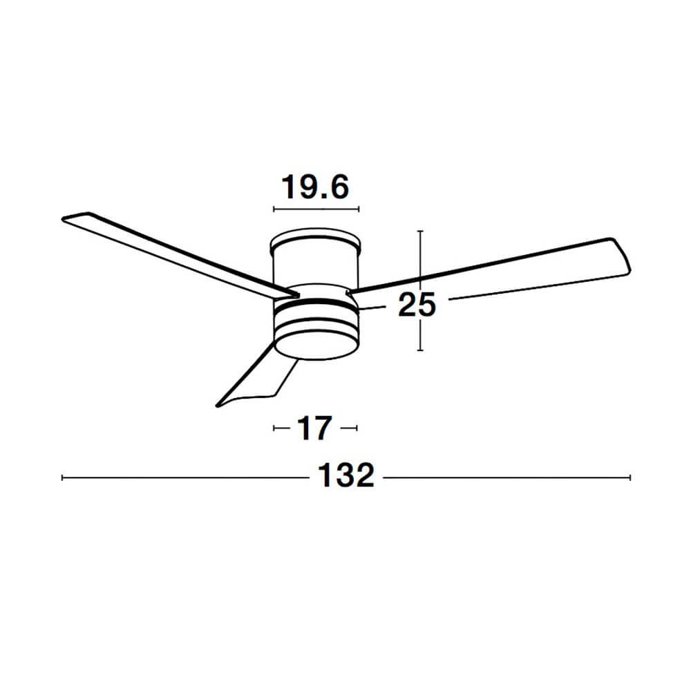 Technische Zeichnung Satin LED Ventilator Gebürsteter Nickel mit Maßen und Details.