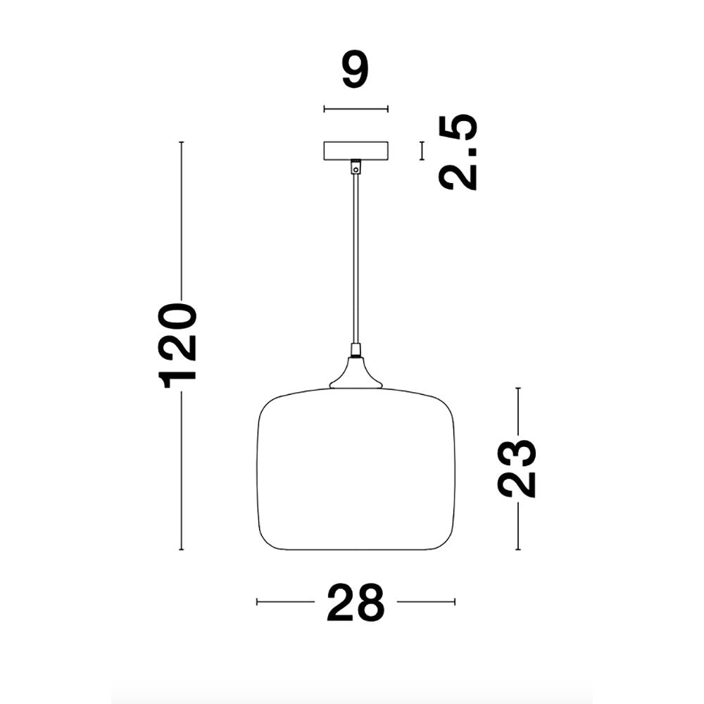 Technische Zeichnung der Savaz Hängeleuchte aus Glas, Ø 28 cm, mit Maßen für Montage.