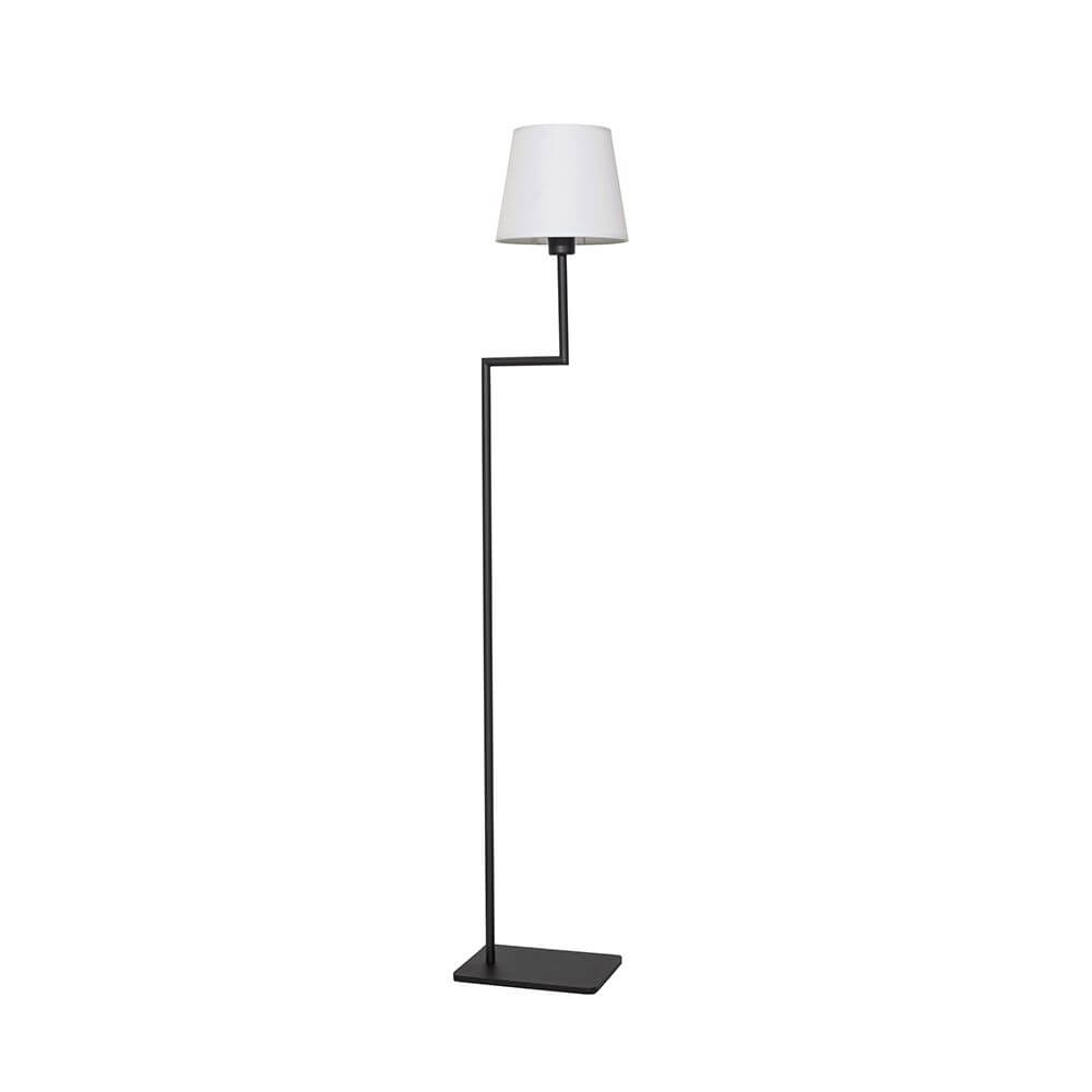 Savona Stehleuchte Metall Schwarz im modernen Design mit weißem Stoffschirm und schwarzem Aluminium.