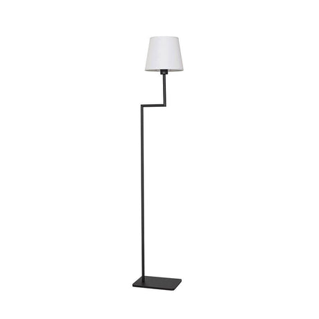 Lampadaire Savona en métal noir au design moderne avec abat-jour en tissu blanc et aluminium noir.