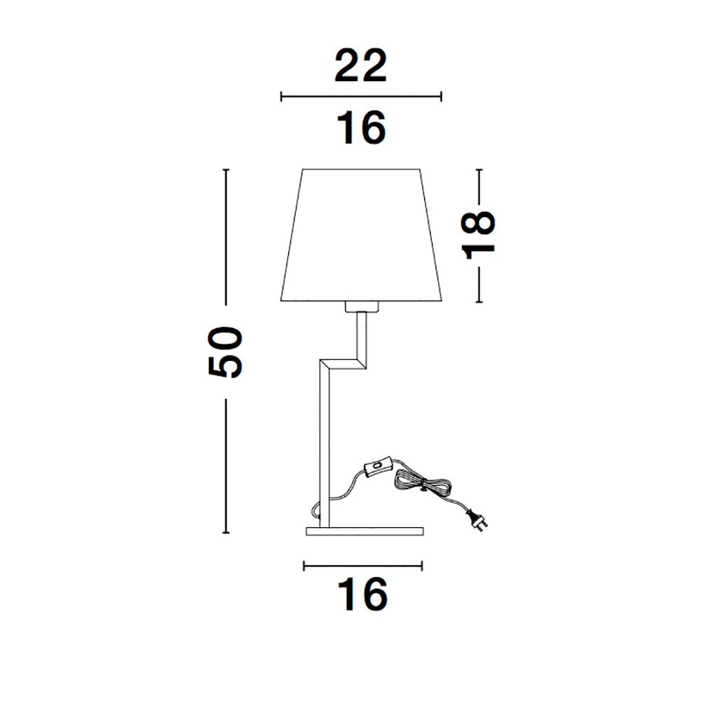Maßzeichnung der Savona Tischleuchte Sandig Schwarz mit Abmessungen und Kabeldetails.